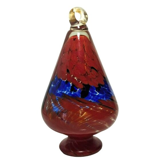 Blown Glass Footed Red and Blue Swirl Teardrop Hanging Decor - Picture 2 of 6